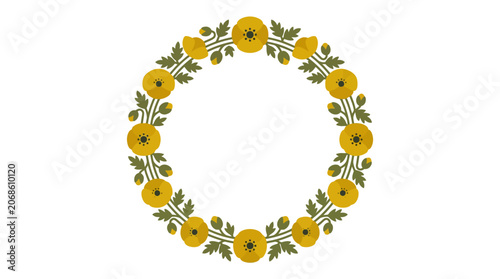 Yellow Poppy Flower Wreath Circle Frame, Floral Border, Spring Decorative Element