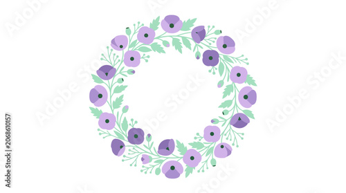 Pastel Floral Wreath with Purple Flowers and Green Leaves on White Background
