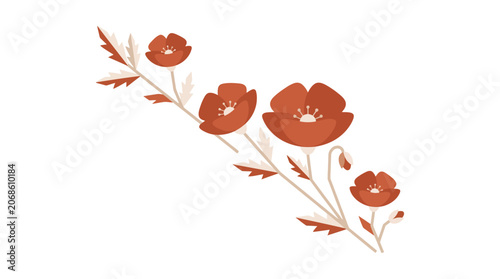 Boho Floral Branch with Red Poppies and Leaves, Minimalist Illustration