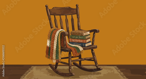 Rocking chair with books and blanket on orange background