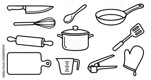 Foto Essential kitchen utensils vector set, cooking equipment collection, culinary to