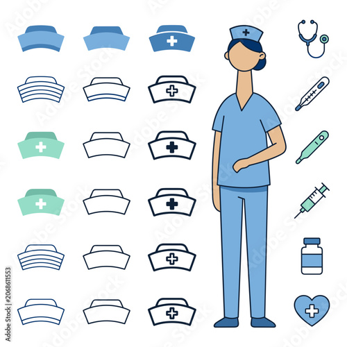 Female Nurse Character with Medical Icon Set