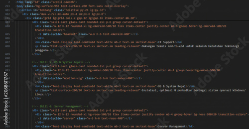 Принти на полотні Programming Code on Dark Screen: Web Development, IT Support and Server Management Abstract, Close-up view of a computer screen displaying lines of HTML and CSS code in a dark theme