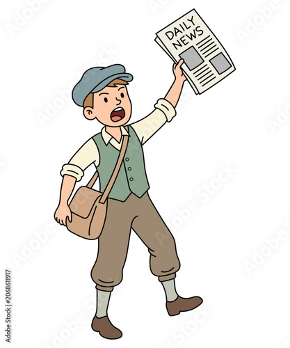 Photography Young newsboy holding newspaper, ideal for media, publishing and history themes
