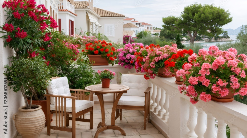 Fototapeta premium Balcony decorated with colorful geraniums overlooking sea view
