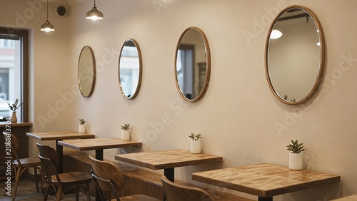 A Cozy Modern Cafe Interior with Wooden Tables and Oval Mirrors Hanging on a Warm Beige Wall