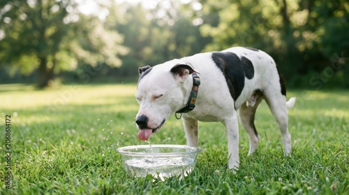 A beautiful black and white dog drinking water from a clear bowl in a grassy park setting.