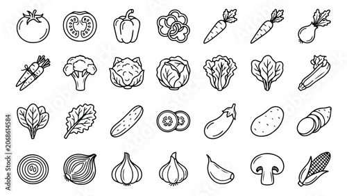 Fotografie Minimalist vegetable line icons set, 28 organic food vector elements, black and