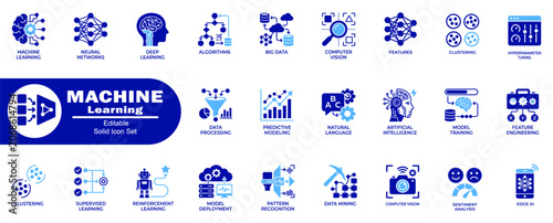 Machine learning solid icons. Depicting neural networks, artificial intelligence, and data science tools. Vector Illustrator.