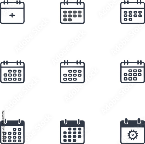 Outline Calendar Icons Collection for Digital Scheduling, Appointment Setting, and Important Date Management Features