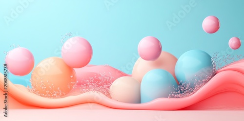 Abstract Colorful Bubbles and Fluid Waves on Bright Blue Background