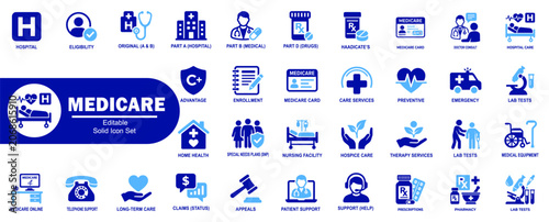 Medicare insurance icons set. Featuring hospital services, enrollment, medical cards, doctor consultation, and pharmacy vector illustrator.