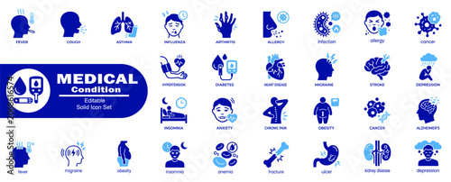 Medical condition solid icon set. Showcasing health disease symbols of asthma, cancer, diabetes, obesity, and heart pain vector Illustrator.