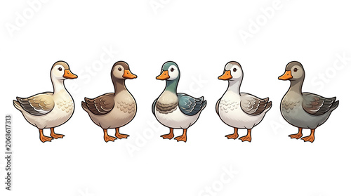 Five Cartoon Ducks Isolated Transparent Background