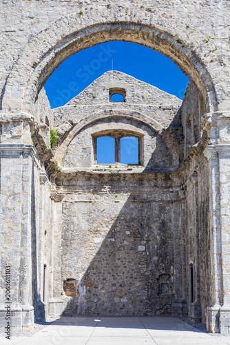 Gate of ruins of old abandoned cathedral in Kastav, Croatia
