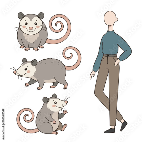 Cute Opossum Character Set with Person