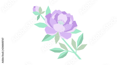 Abstract Pastel Peony Flower Illustration with Bud and Leaves