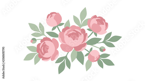 Soft Pink Peonies and Green Leaves Floral Arrangement - Vector Illustration