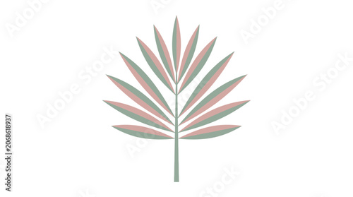 Minimalist palm leaf silhouette, pastel green and pink, isolated on white background, vector illustration