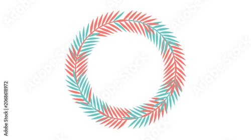 Coral and Teal Palm Leaf Wreath Circle Frame - Tropical Summer Design Element