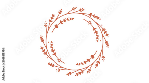 Rustic Floral Wreath with Delicate Twigs and Berries, Hand-drawn Botanical Circle Design