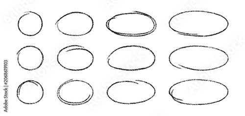 Hand drawn crayon ovals and circles set. Chalk pencil ovals of different widths. Highlight line circle frames. Design ellipses in crayon doodle style. Vector illustration isolated on white background.