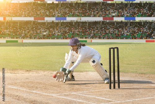 Wicketkeeper diving to catch the ball in a cricket match