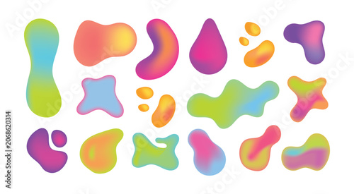 Colorful abstract liquid shape elements collection with vibrant neon gradients isolated on white background