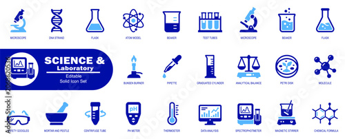 Science laboratory solid icon set. Concept of editable line icons, such as a microscope dna strand flask atom model, and a beaker. Vector Illustrator.