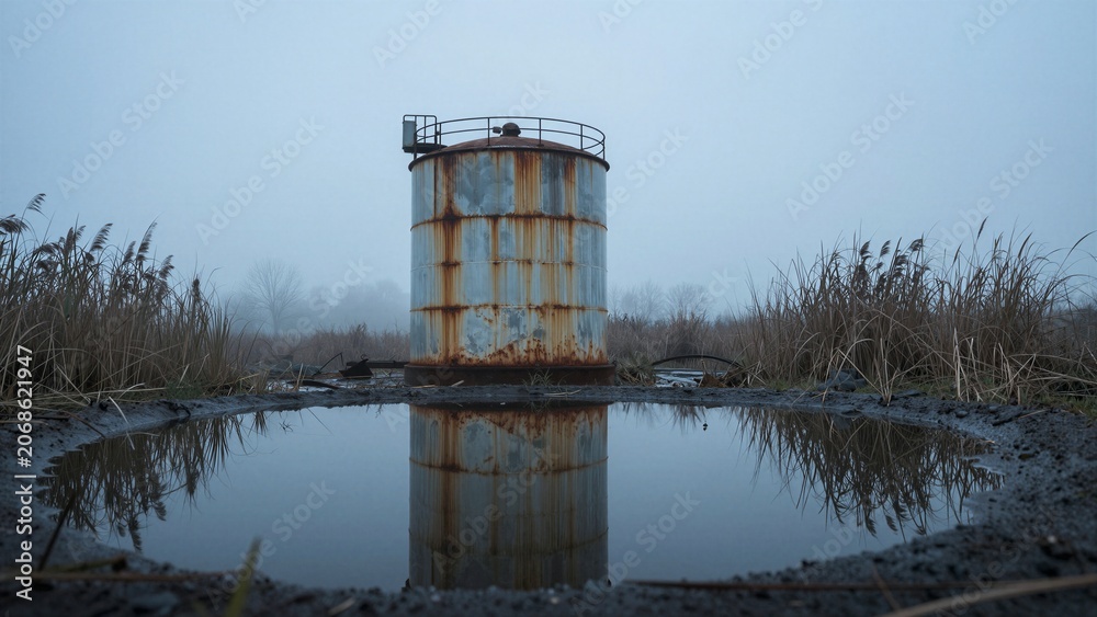 Obraz premium A rusty cylindrical metal tank stands on a muddy bank, surrounded by tall dry reeds. Its weathered form is mirrored perfectly in the still water below amidst heavy fog.
