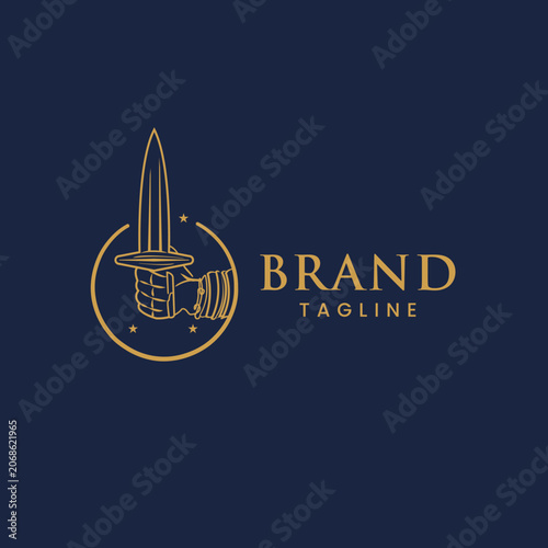 Vintage Hand Holding Sword Logo Template with Circular Emblem