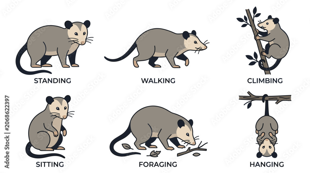 Fototapeta premium Opossum Behavior Reference Vector Collection