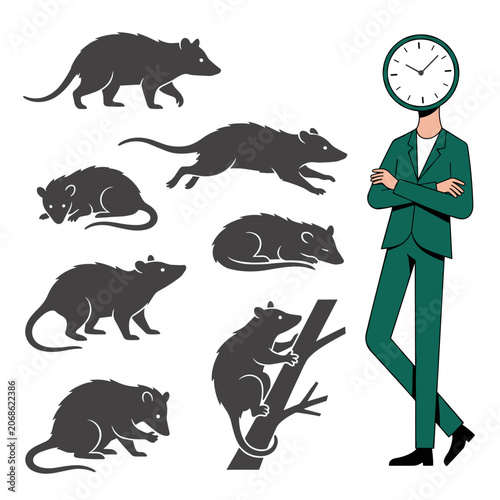 Opossum Silhouette Set with Human Character