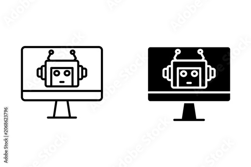 Artificial intelligence robot avatars displayed on computer monitors, futuristic machine learning interface icons with multiple expressive faces and digital technology concept