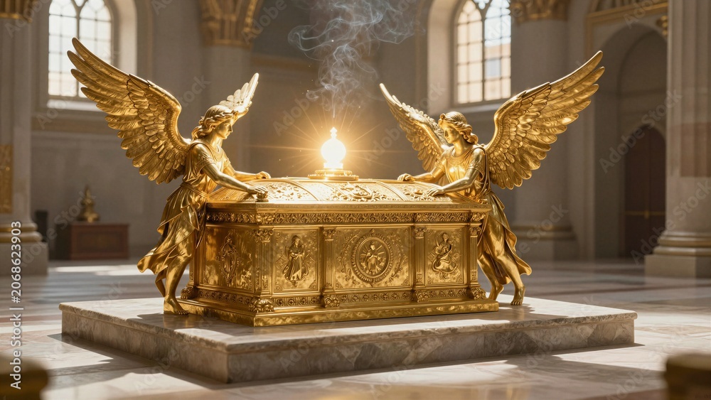 Naklejka premium A majestic depiction of the Golden Ark of the Covenant flanked by two golden cherubim, radiating divine light within a sacred temple setting.