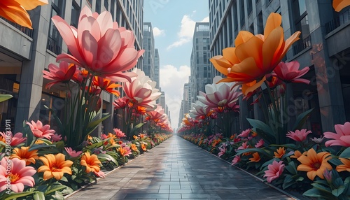 Giant Flowers Along Urban Street