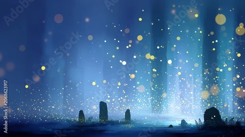 Magical Japanese summer night garden with glowing fireflies fantasy motion background loop