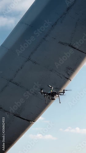 Cinematic drone inspection flight near aircraft wing underside, capturing detail in clear daylight, symbolizing aviation technology and aerial surveillance