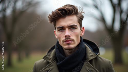 Design style concept nature iteration Outdoor portrait of handsome young man in coat ar beautiful