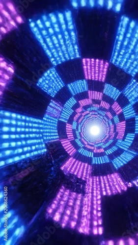 Abstract digital tunnel with glowing blue and purple lights