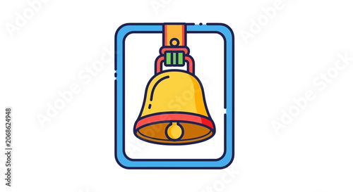 Golden Bell Icon Hanging on a Blue Frame, Simple Vector Illustration
