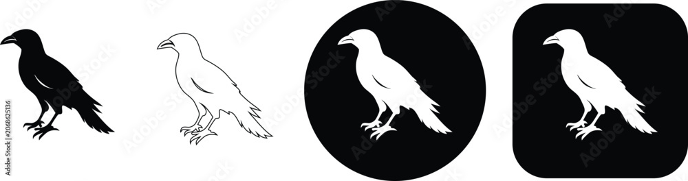 Obraz premium Set of four raven or crow bird in profile, presented in solid, outline, and framed circular or square variations