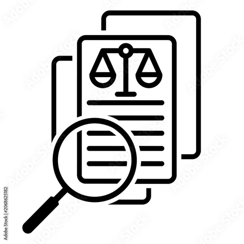 Law search icon vector. Legal lookup illustration sign. Regulation finder symbol. Statute search logo or mark.