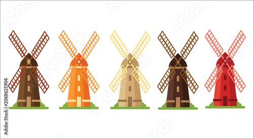 Canvastavla Colorful windmills illustration a row of stylized structures with rotating blade