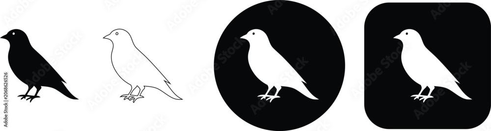 Fototapeta premium Collection of four bird in black and white, featuring solid, outline, circular, and rounded square variations
