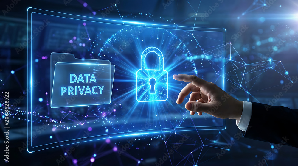 Fototapeta premium Hand touching glowing padlock symbol for data privacy on digital interface during network connection