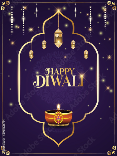 Happy Diwali poster with oil lamp Diya, dim light, Indian festival of light, can be used in invitation, promotion, festival business sale banner, template design, marketing, greetings card design, 