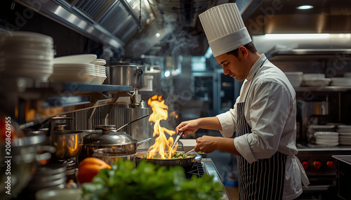 professional chef cooking in a modern commercial kitchen, wearing a clean white chef uniform and tall chef hat, preparing gourmet dishes with fresh ingredients, busy restaurant kitchen  