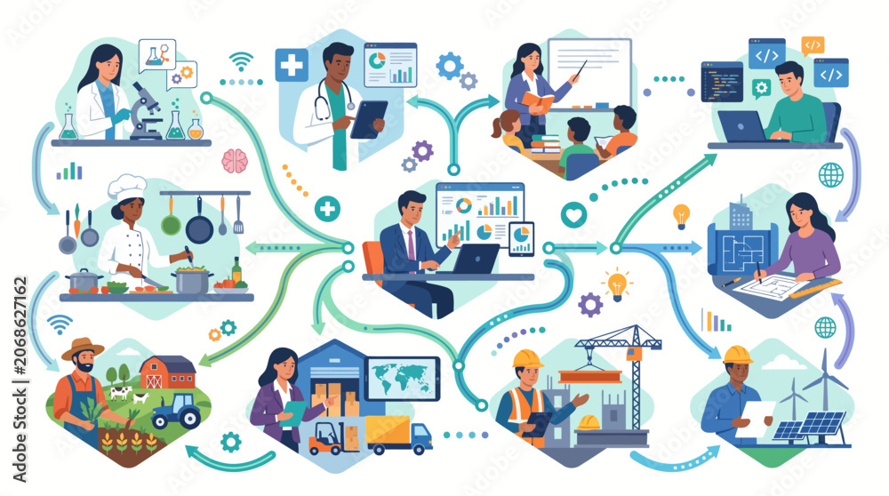 Fototapeta premium People from various industries interact and exchange information through technology and networks globally
