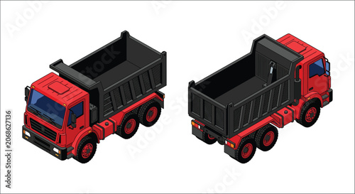 Принти на полотні Isometric dump trucks red and black vector illustration on a white background tr